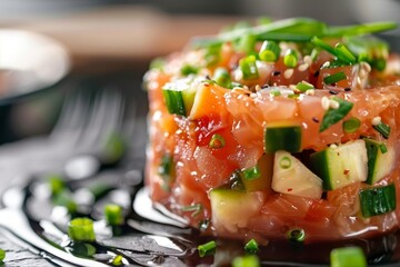 Poster - Tuna tartare with ponzu chives cucumber masago and nori Healthy Italian lunch at gourmet restaurant