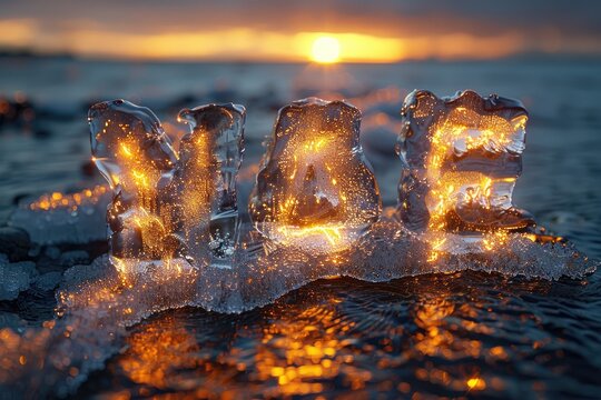 Ice Melt Text letters that appear, melting ice, water pooling