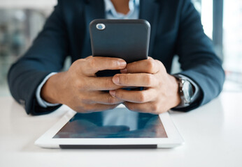 Poster - Business man, hands and smartphone in office for communication, networking and social media with tablet. Realtor, closeup and mobile in workplace for website and check property as real estate agent
