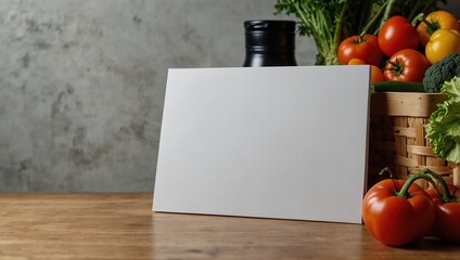 Poster - Rectangular blank white empty paper board with vegetables mockup on the kitchen table for text advertising message, space for text