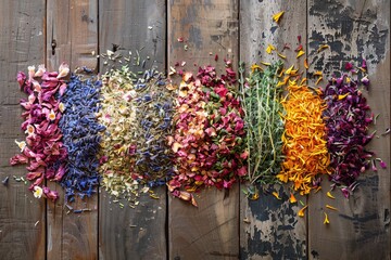 Poster - Variety of herbal and berry teas on wood Tea party idea with healing herbs like linden calendula cornflowers marigold tansy and tea rose