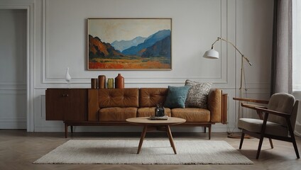 Poster - Retro, wooden cabinet and a painting in an empty living room interior with white walls and copy space place for a sofa 