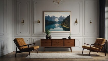 Poster - Retro, wooden cabinet and a painting in an empty living room interior with white walls and copy space place for a sofa 