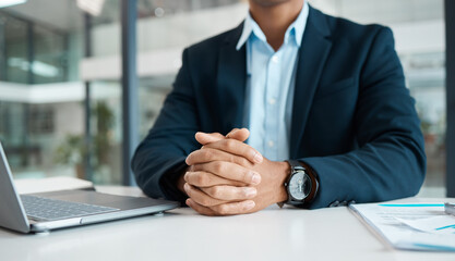 Aufkleber - Hands, businessman and laptop at desk for trading, planning and documents for stock market. Financial advisor, male person and research or pride in office for career, corporate and tech in agency