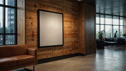 Poster - Modern office with blank frame on wooden wall