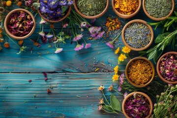 Poster - Various dry herbal and berry tea on wood background Tea party concept with medicinal herbs Linden calendula cornflowers marigold tansy tea