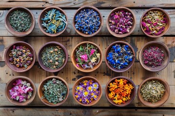 Poster - Various dry herbal and berry teas on wood Tea party idea Healing medicinal herbs Linden calendula cornflowers marigold tansy tea rose