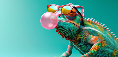 Wall Mural - Vibrant Chameleon Blowing Bubble Gum - Colorful Reptile with Sunglasses for Fun and Creative Concept Art.World lizard day concept