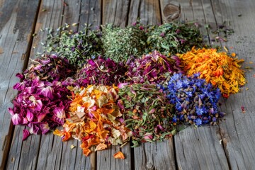 Various herbal and berry teas on wooden background Concept of tea party with medicinal herbs Linden calendula cornflowers marigold tansy te