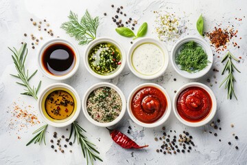 Sticker - Various sauces in bowls with seasonings herbs and spices top view empty space