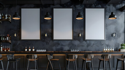 Poster - mockup vertical 3 frame empty poster in the bar simple wall close up view