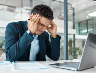 Canvas Print - Businessman, laptop and working with headache, stress and mental health at deadline or job. Male person, frustrated and fatigue with tech in office for project, internet and online as market analyst