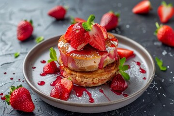 Poster - Vegan cheesecake with strawberry syrniki tofu and cashew cheese pancakes Vertical arrangement