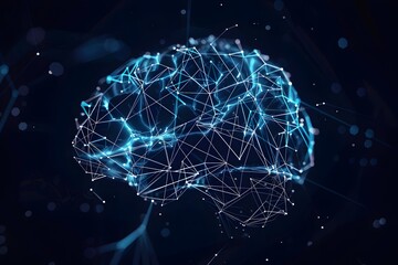 Poster - A digital art of the human brain made from geometric shapes, with blue lines and white dots representing neural connections on a black background