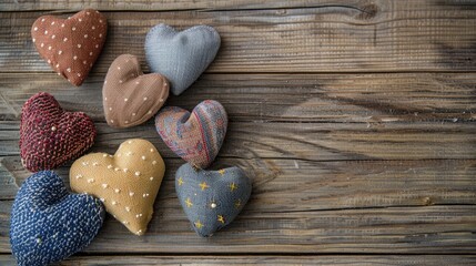 Canvas Print - Fabric heart shapes on wooden table with space for text vintage colored greeting cards background