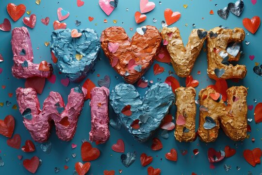 Love Wins poster slogan, decorated colorful confetti hearts