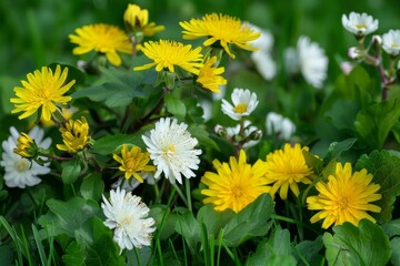 Poster - Yellow dandelions and white cherry apple tree flowers amidst green grass Blooming garden on sunny spring day Close up flora background