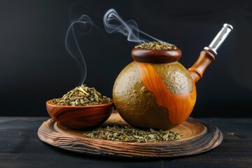 Wall Mural - Yerba mate with traditional accessories on dark background