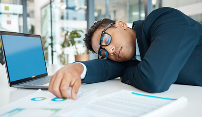 Aufkleber - Laptop, sleeping and chart on desk, man and planning of proposal for meeting, tired and accountant. Office, paperwork and bookkeeping for company, noted and business person in agency for finance
