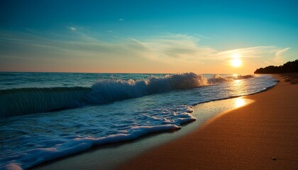 Wall Mural - golden sunset on a wide sandy beach along the coast of lake michigan as waves crash onto the shore