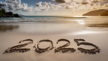 Wall Mural - 2025 year written on sandy beach sea at sunny day