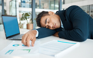 Aufkleber - Laptop, sleeping and paperwork on desk, man and planning of proposal for meeting, tired and accountant. Office, graph and bookkeeping for company, noted and business person in agency for finance