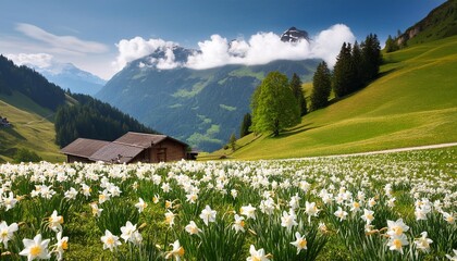 Wall Mural - landscape of field of wild narcissus narcissus poeticus in swiss alps saint legier la chiesaz vaud switzerland