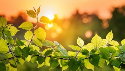 Wall Mural - a summer sunset sunrise background with lush green foliage and orange glow sky with blurred spring bokeh highlights