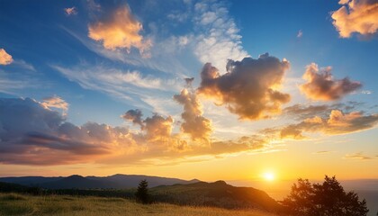 Canvas Print - beautiful evening blue sky at sunset with flaming bright light clouds a warm summer evening at sunset