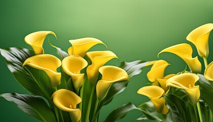 Wall Mural - yellow zantedeschia flowers on green background