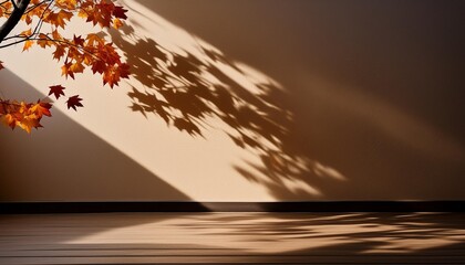 Wall Mural - minimalistic fall scene in cream color shades autumn background with shadow of maple tree leaves on a wall