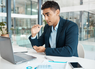 Aufkleber - Video call, businessman and online with laptop at desk for sales, consultation and stock market. Financial advisor, hands and trading or virtual meeting in office for career, networking and tech