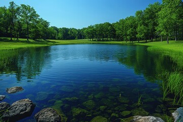 Wall Mural - A serene lake with crystal-clear water and thriving aquatic plants, showing successful water conservation. 