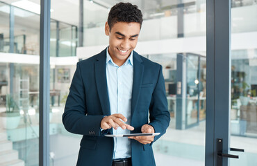 Aufkleber - Business man, tablet and happy in office for revenue growth, funding and investment deal with client. Consultant, technology and smile in workplace for company communication and customer acquisition