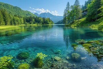 Wall Mural - A serene lake with crystal-clear water and thriving aquatic plants, showing successful water conservation. 