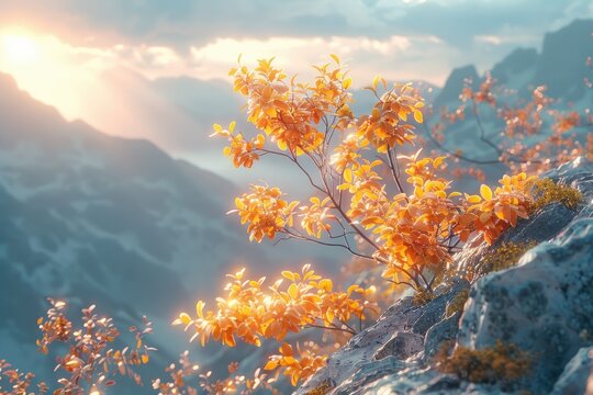 Nature Elements such as leaves grainy gradients vibrant tones.