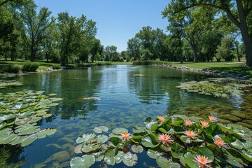 Wall Mural - A serene lake with crystal-clear water and thriving aquatic plants, showing successful water conservation. 