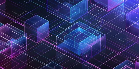 Poster - A vector graphic design featuring an isometric grid of geometric shapes, rendered in shades of blue and purple against a dark background