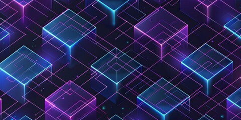 Poster - A vector graphic design featuring an isometric grid of geometric shapes, rendered in shades of blue and purple against a dark background
