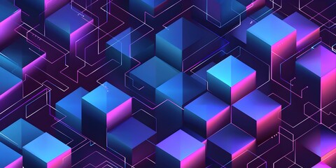 Poster - A vector graphic design featuring an isometric grid of geometric shapes, rendered in shades of blue and purple against a dark background