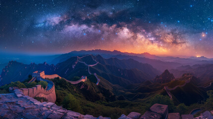 Wall Mural - The sky is filled with stars and the mountains are illuminated by the sun