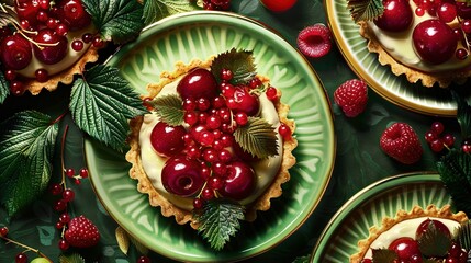 Poster -   A macro shot of a plate filled with cherries and raspberries