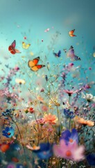 Wall Mural - Vibrant meadow teeming with colorful butterflies, blooming flowers, under gently diffused sky