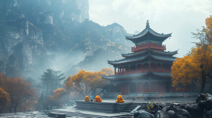 Wall Mural - A beautiful temple with a red roof and a large courtyard