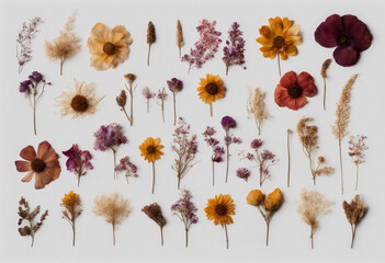 Wall Mural - A collection of pressed and dried flowers artistically arranged isolated on transparent background