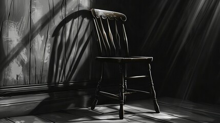 Poster -   A monochrome snapshot captures a chair positioned against a wall in a spacious room, illuminated by sunlight streaming through an adjacent window