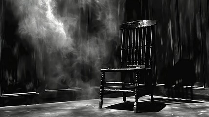 Canvas Print -  A monochrome image depicts a chair in front of a wall with smoke emanating from behind it