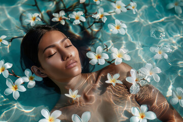 Wall Mural - Portrait of a beautiful girl with closed eyes lying in blue water with tiare flowers.