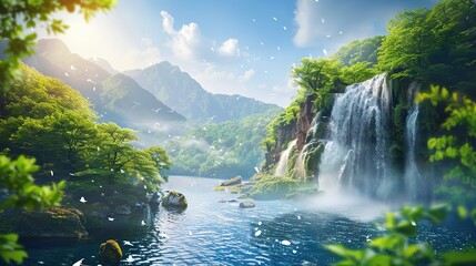 Sticker -   Painting a waterfall surrounded by green trees and a blue sky, lush greenery surrounds it, water cascades down