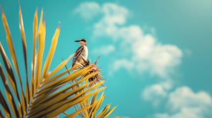 Sticker - Bird perching on palm tree with blue sky backdrop summer and spring vacation idea with room for text